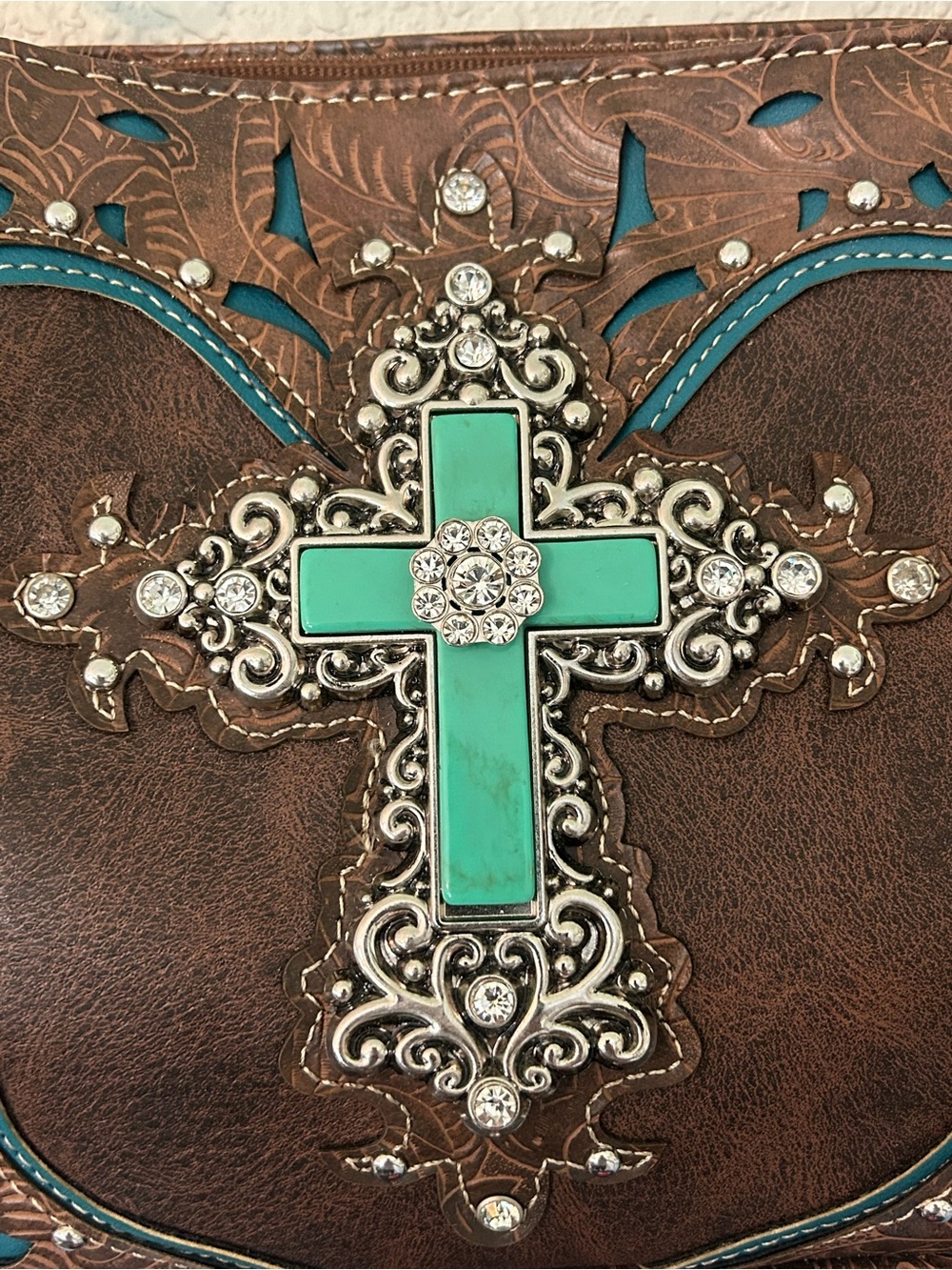 Brown and Turquoise Western Cross Satchel - Women Bags Conceal Carry - Picture 2 of 8